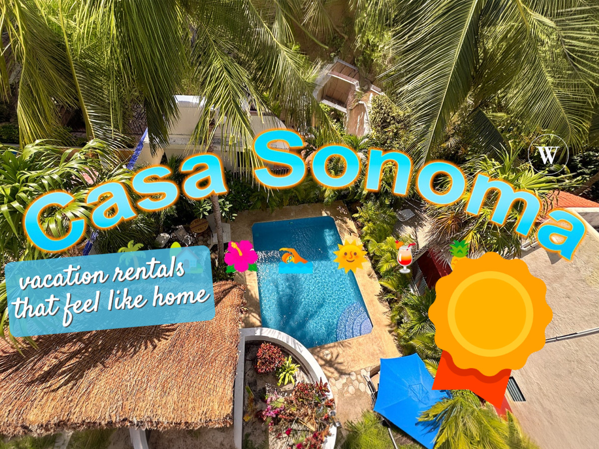 Promotional image for Casa Sonoma vacation rentals with pool, tropical garden, and sunny Puerto Morelos theme