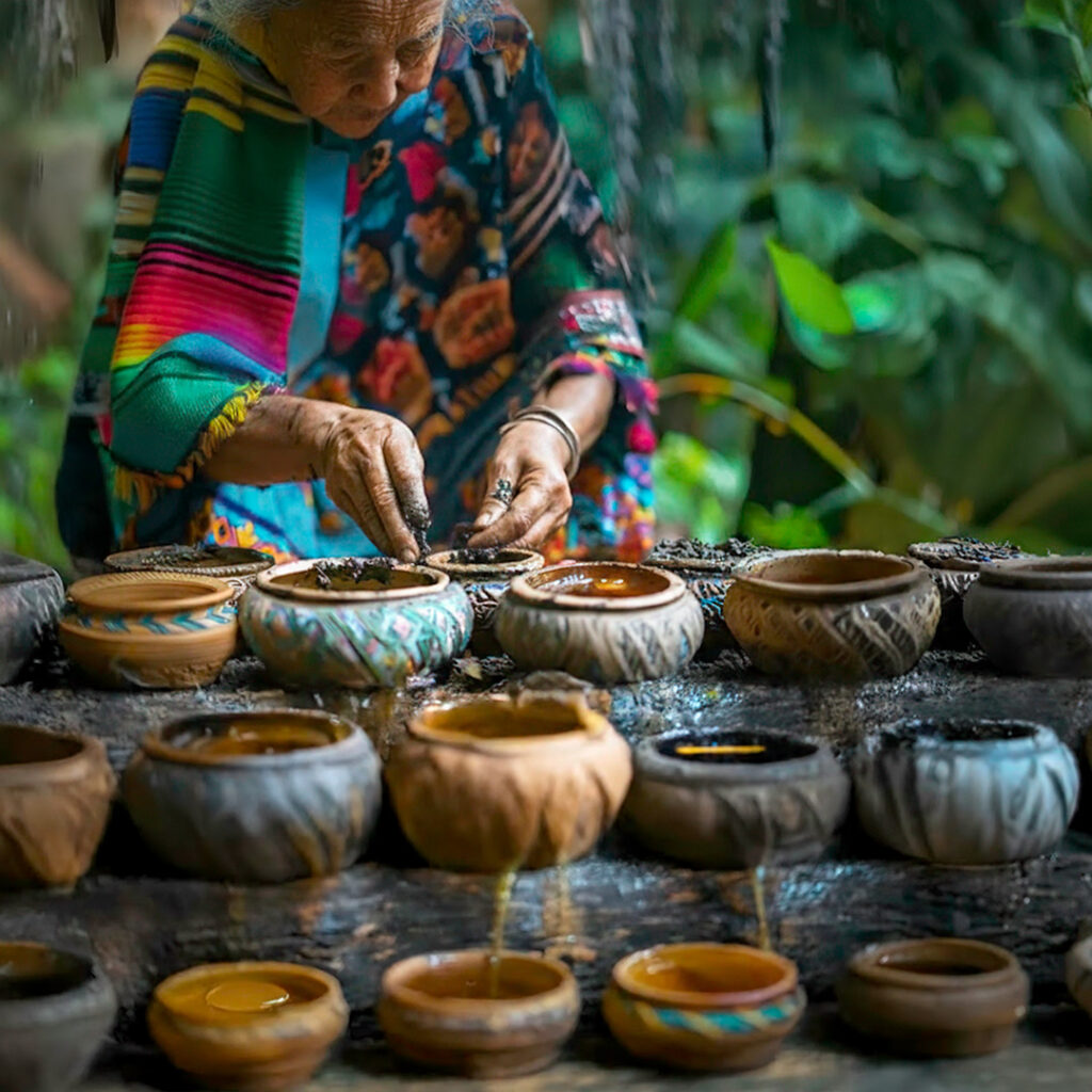 Maya healer preparing traditional remedies with handmade bowls set on a rustic table in the jungle.