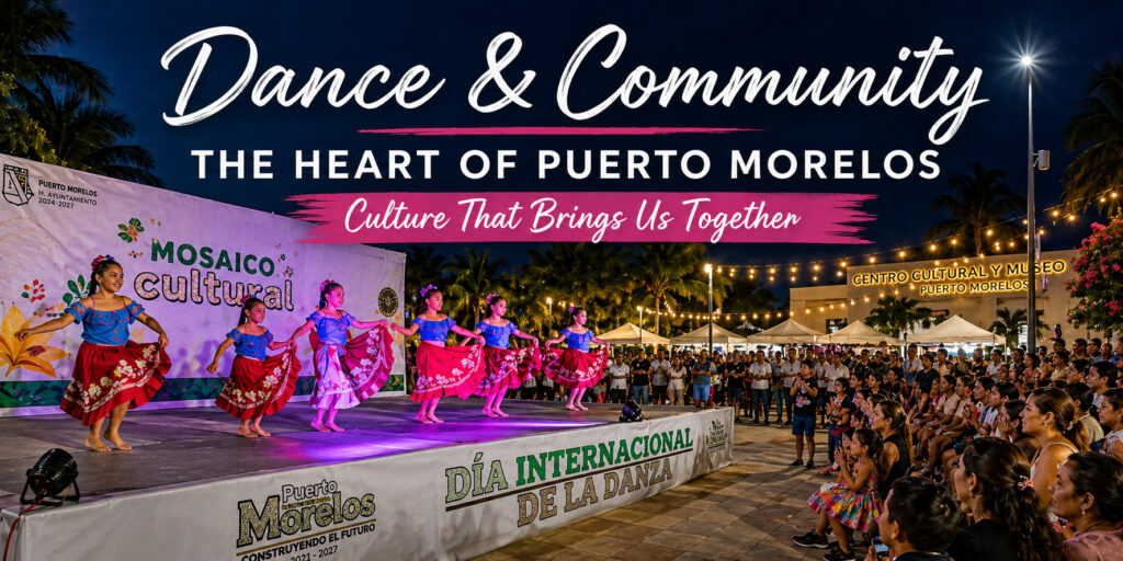 Dance and community banner showing performers on stage in Puerto Morelos.