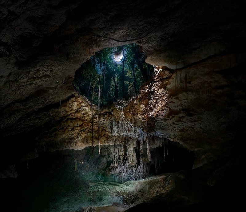 Moonlight pours through an opening into a cenote cave surrounded by rock, roots, and still water.