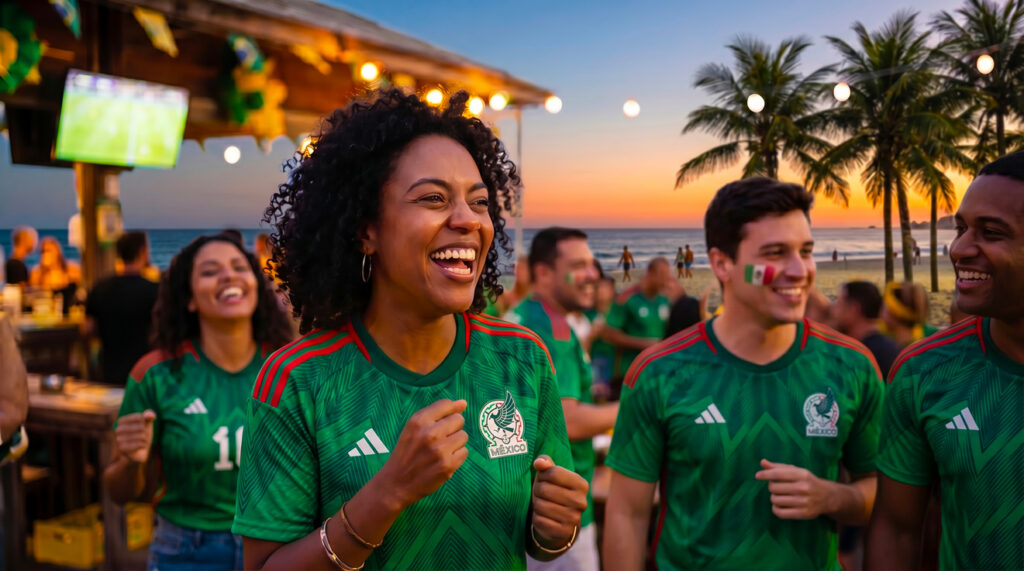 Soccer fans in green jerseys watching a World Cup game at sunset.