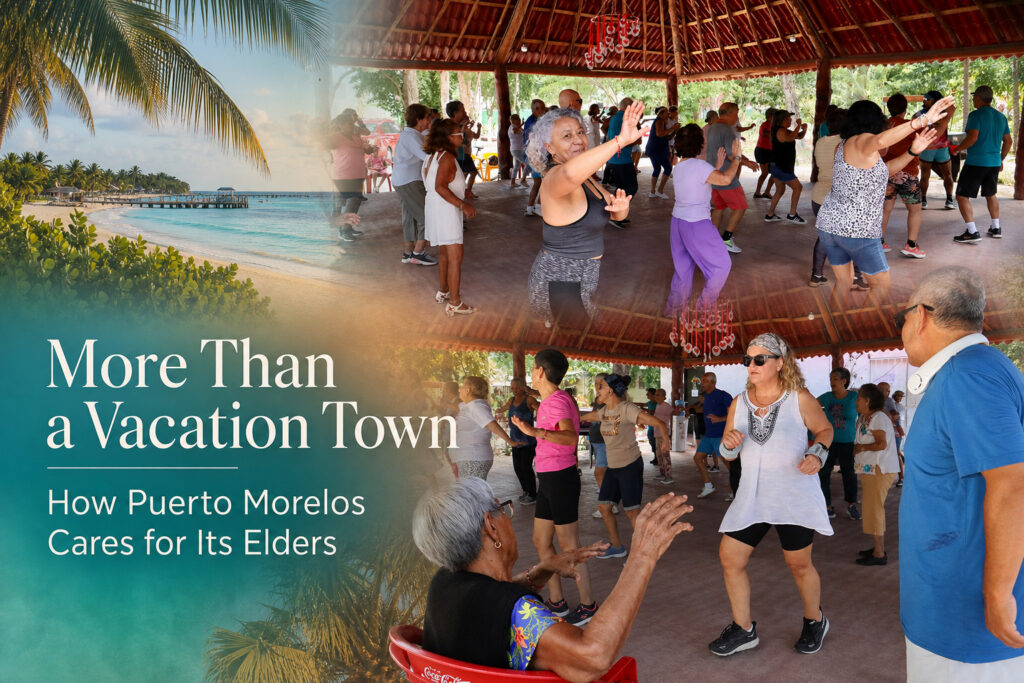 Older adults exercising at Nohoch Uinic in a collage with Puerto Morelos beach and palms
