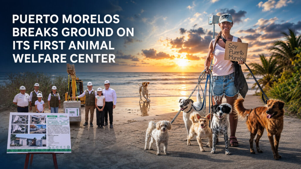 Montage of the Puerto Morelos Animal Welfare Center groundbreaking, project plans, a beach dog and a local woman walking dogs.