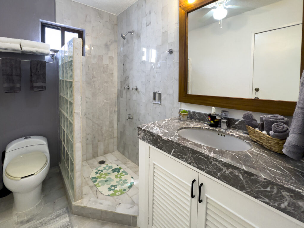 Bathroom with a gray stone vanity, mirror, toilet, and open tiled shower.