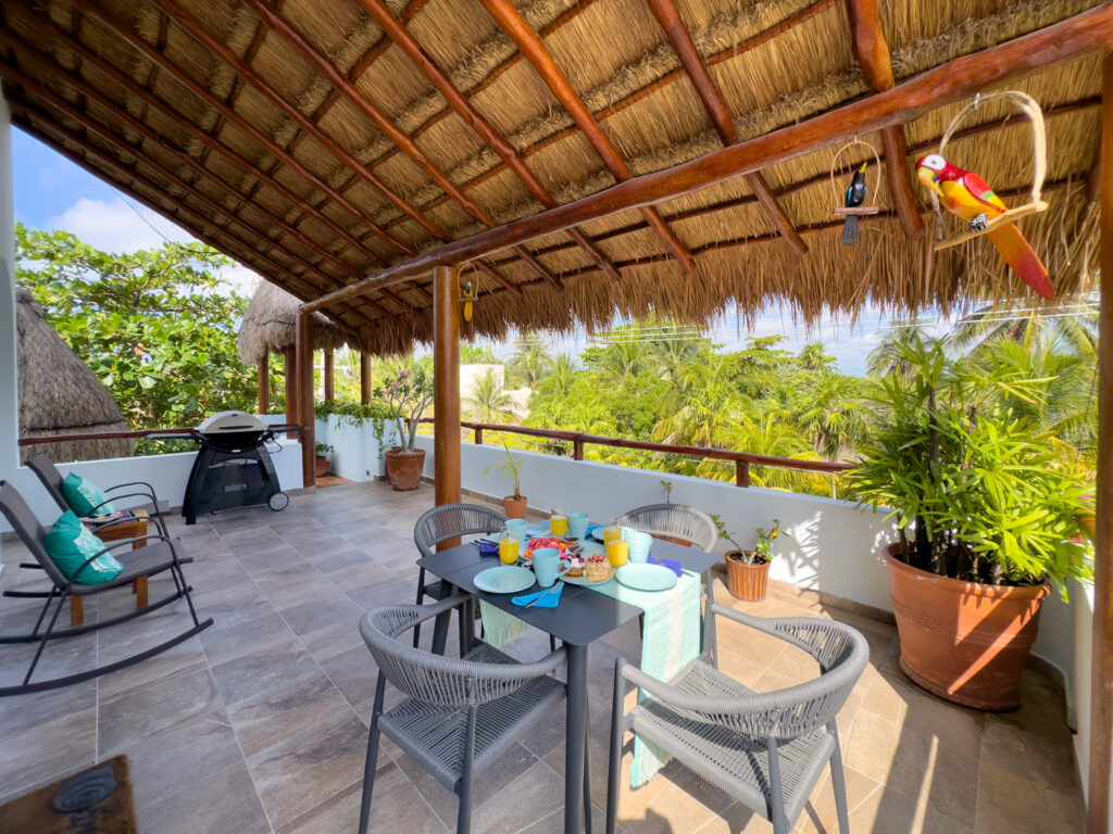 Covered terrace with dining table, chairs, grill, and potted plants beneath a thatched roof.