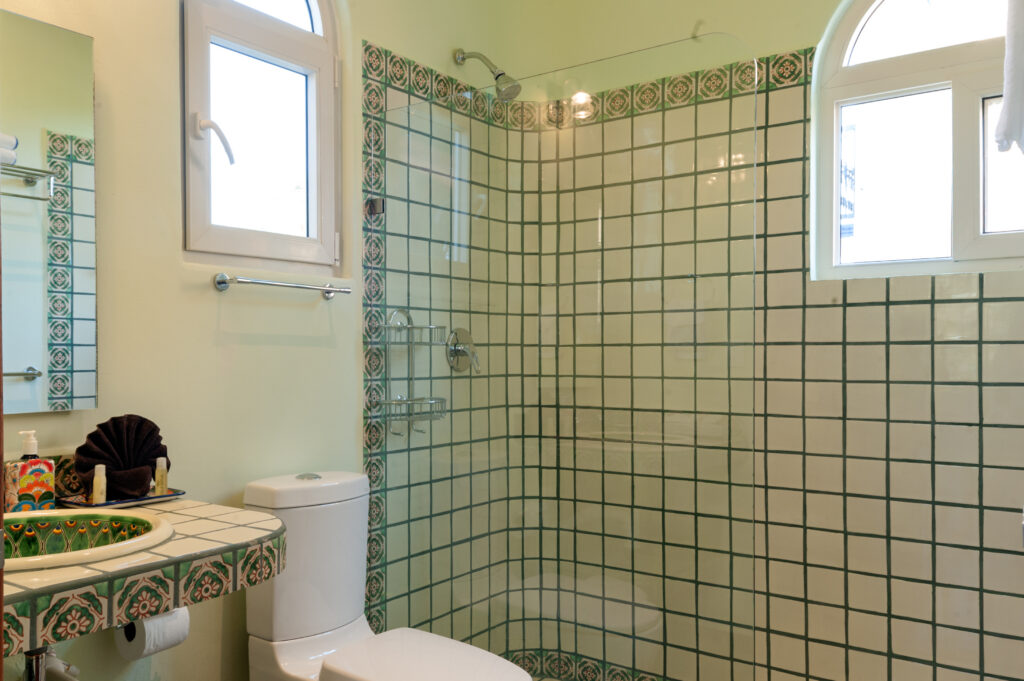 Shower with green-bordered tiles beside a toilet and vanity under two windows.