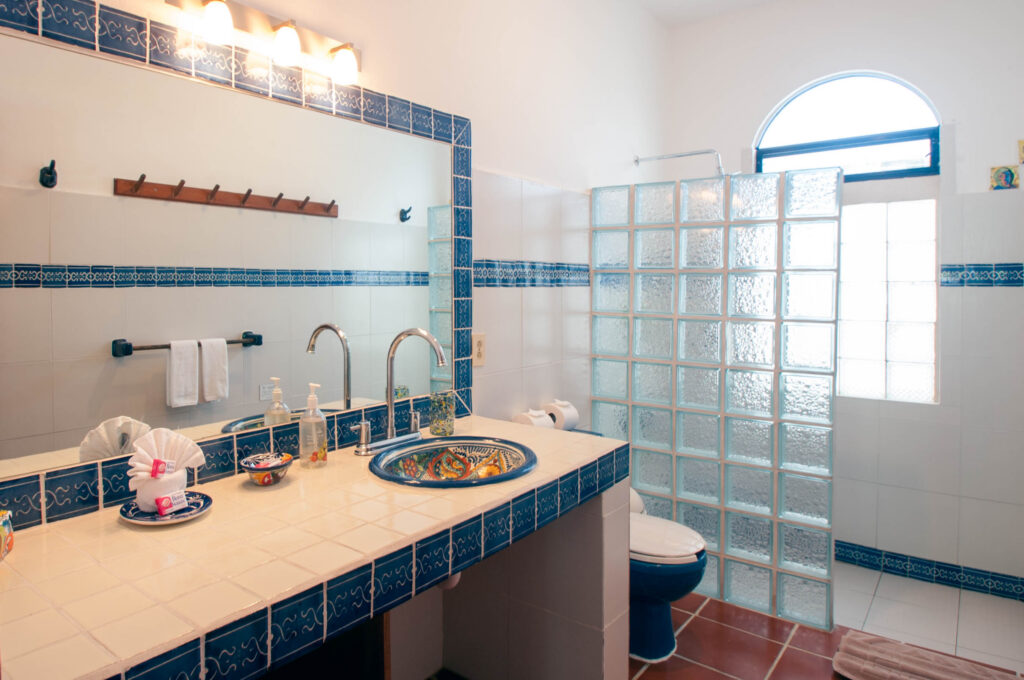 Decorative ceramic sink and blue-bordered tiled vanity beside a glass-block shower screen.