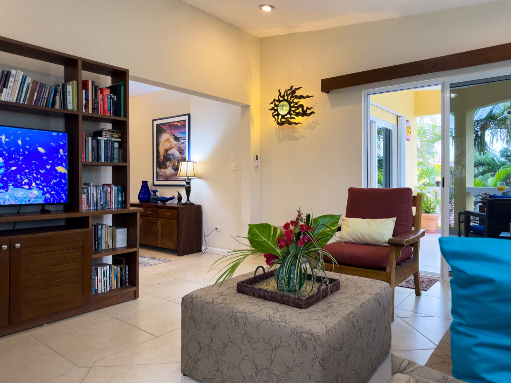 Armchair and ottoman beside bookshelves and a television, with a balcony doorway beyond.