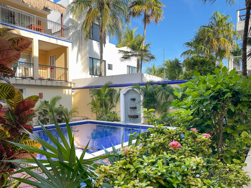 Blue pool and a wall fountain seen through dense tropical courtyard plants.