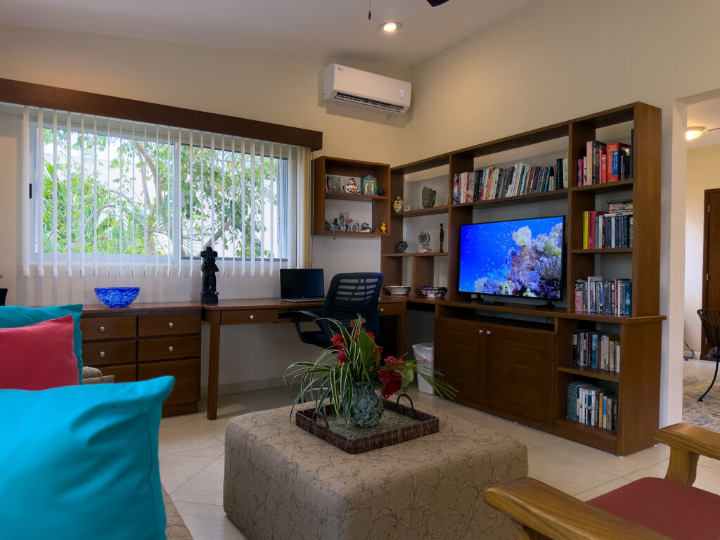 Seating and an ottoman facing a television set in bookshelves beside a window-lined desk.