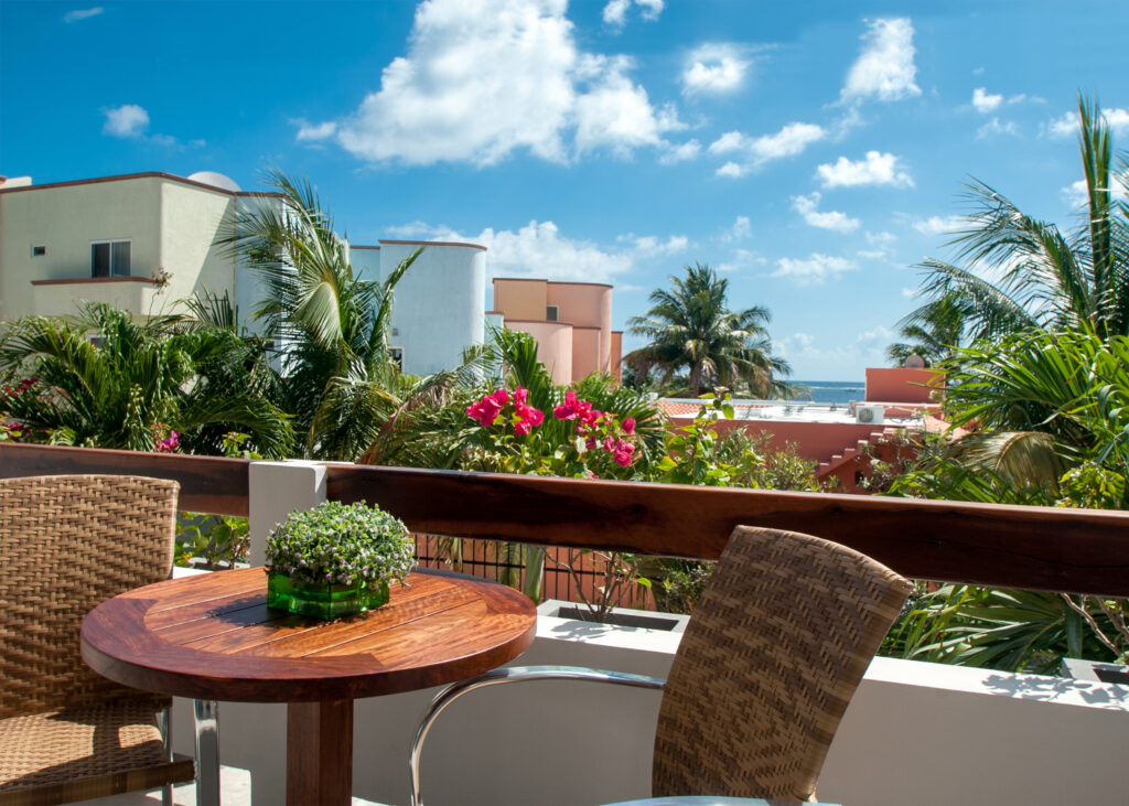 Round wooden table and woven chairs overlook flowering plants, nearby buildings, and the sea.