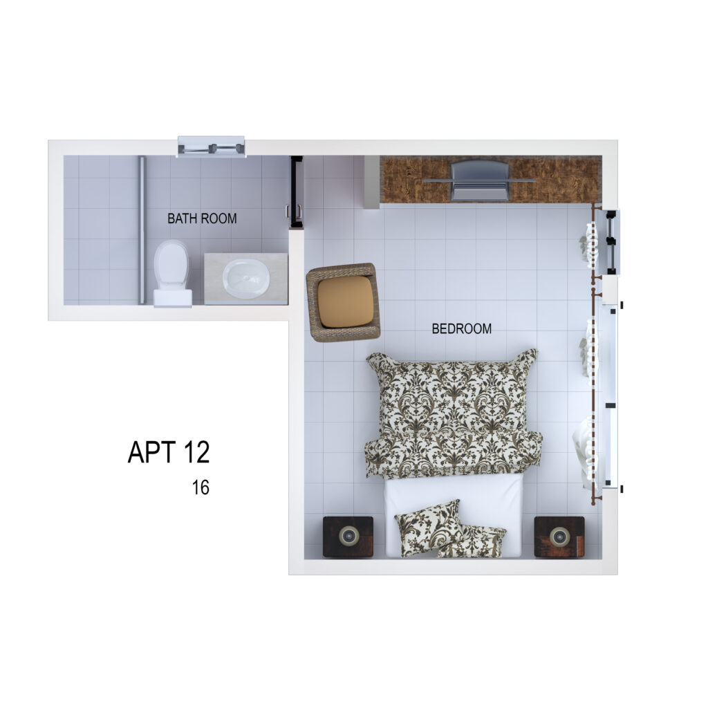 Floor plan of Apartment 12 showing the bedroom, bathroom, and storage area.