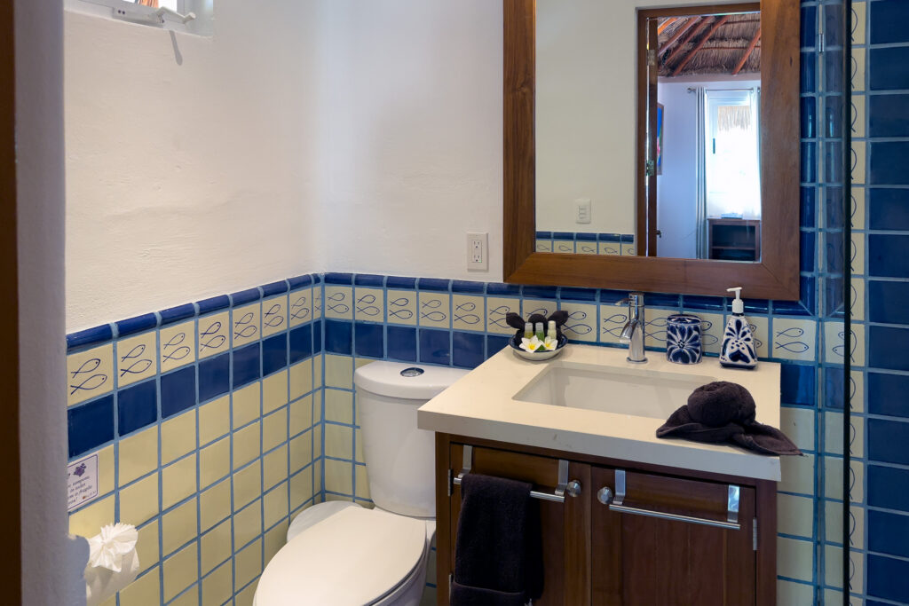 Bathroom with blue-and-white tiles, a wooden vanity, rectangular sink, mirror, and toilet.