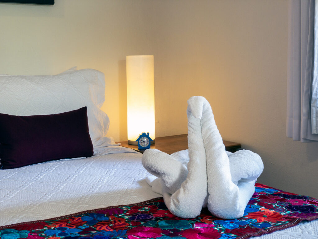 White towel swan on a bright floral bed runner beside a bedside lamp.