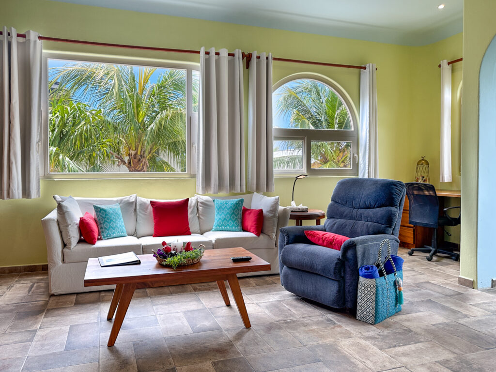 White sofa with colorful cushions and a blue recliner beside large windows overlooking palms.