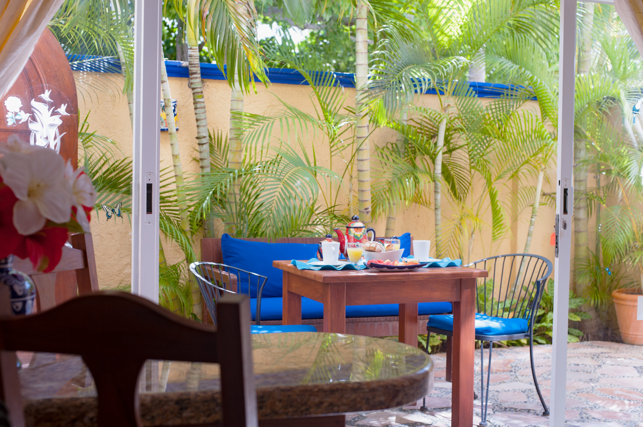 View through an open doorway to a patio table, blue seating, and tropical plants.