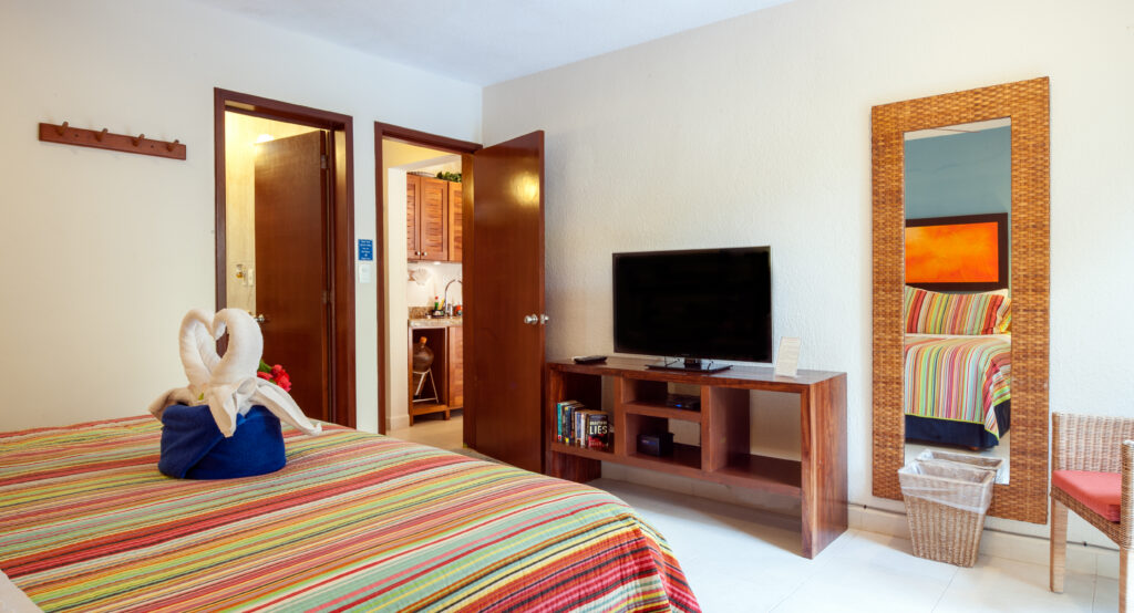 Bed with folded towel decoration facing a television and full-length mirror near the bathroom doorway.