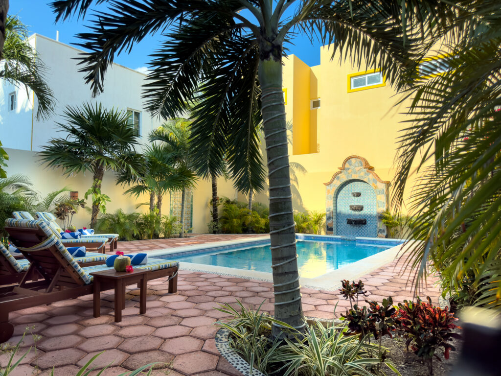 Lounge chairs beside a pool and decorative wall fountain framed by palm trees.