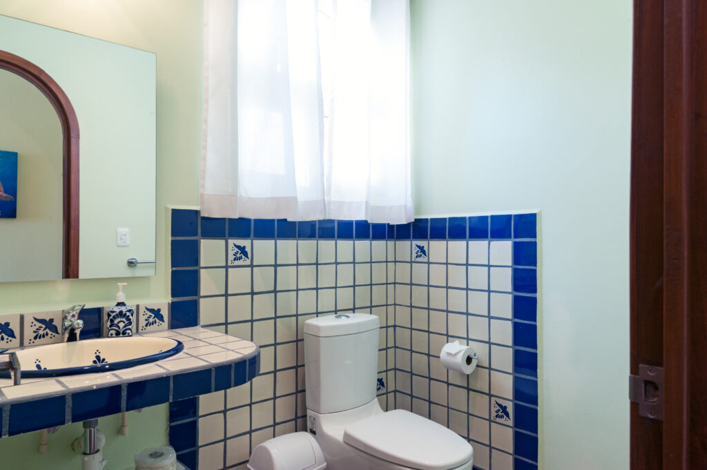 Blue-and-white tiled sink and toilet beneath a curtained window.