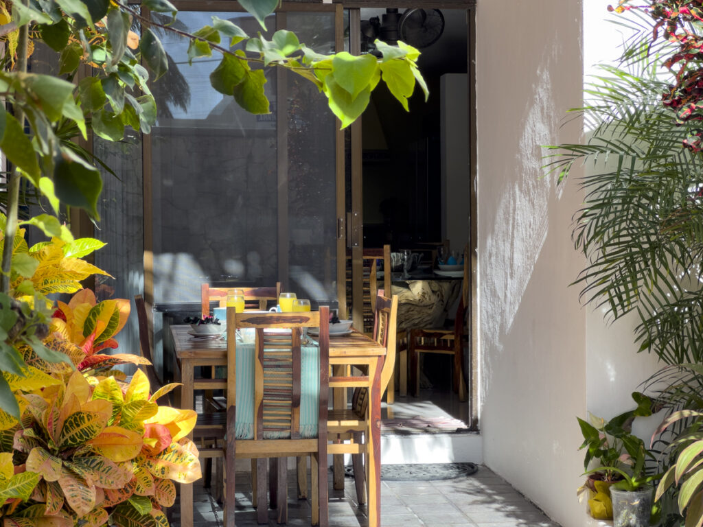 Wooden dining table visible through an open doorway beside lush courtyard plants.