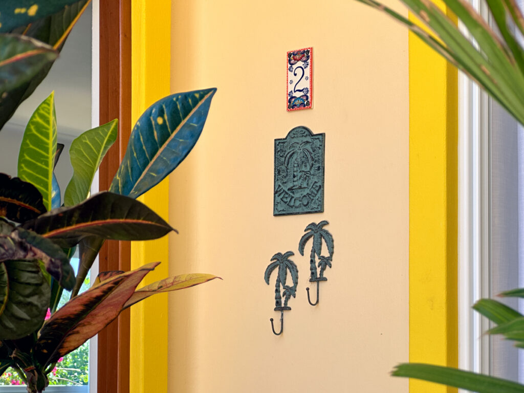 Decorative plaque and palm-shaped hooks on a yellow wall beside foliage and a doorway.