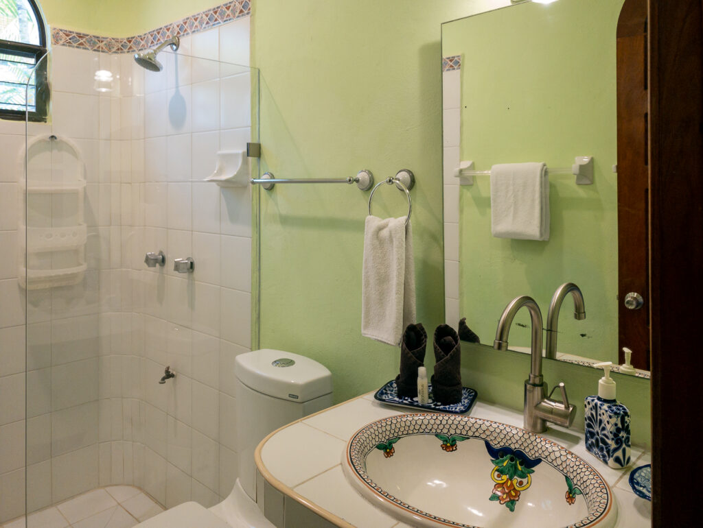 Decorated ceramic sink, toilet, and tiled shower in a bathroom with pale green walls.