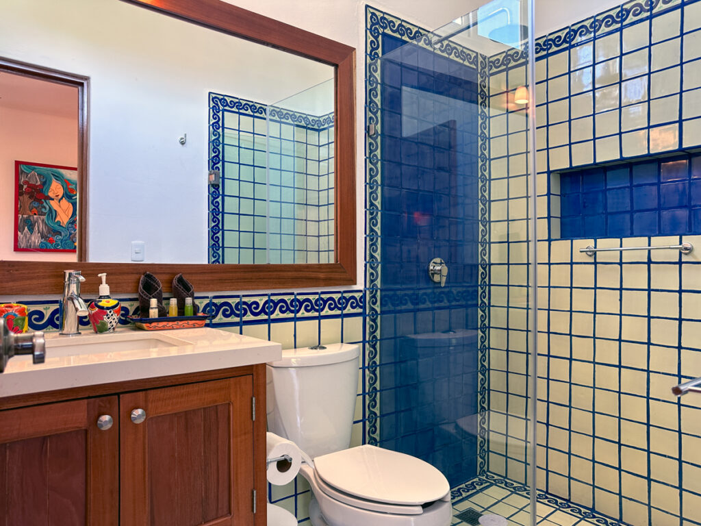 Blue-and-white tiled shower beside a toilet and wooden bathroom vanity.