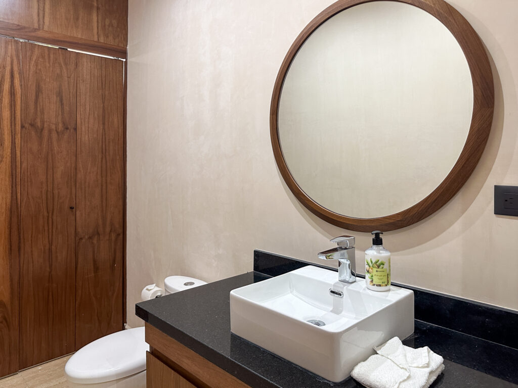 Rectangular basin on a dark counter beneath a large round wooden-framed mirror.