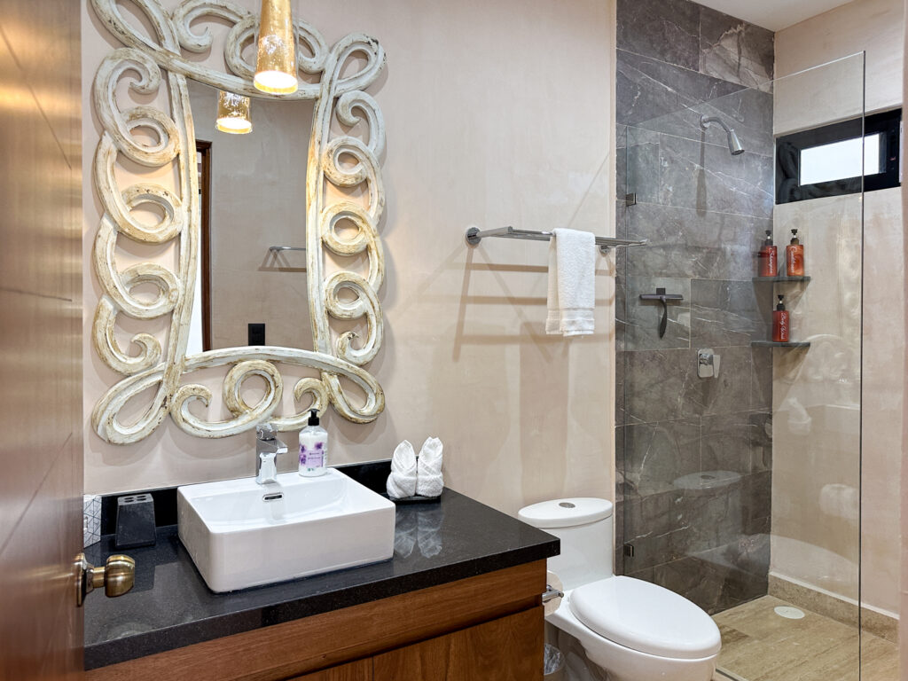 Rectangular sink below an ornate mirror beside a toilet and glass-screened stone-tiled shower.