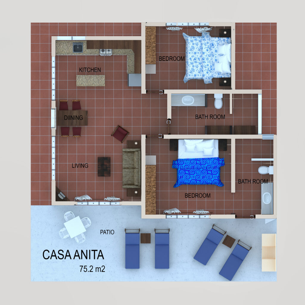 Floor plan of Casa Anita showing two bedrooms, bathrooms, kitchen, living area, and patio.
