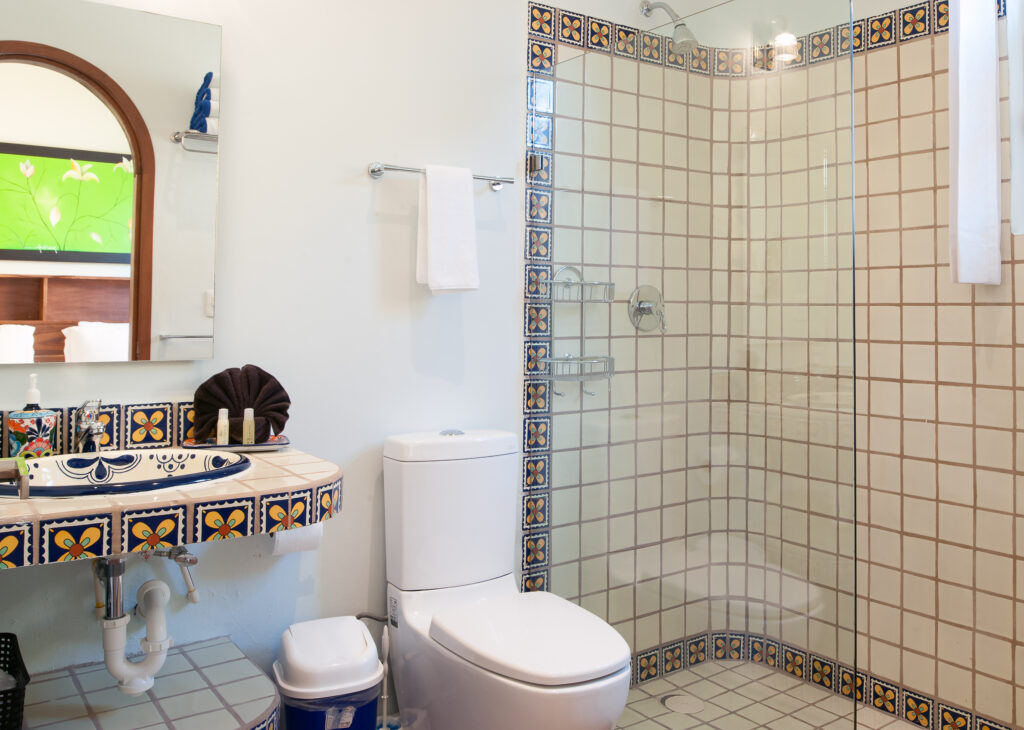 Tiled shower with glass screen beside a toilet and a colorful ceramic sink.
