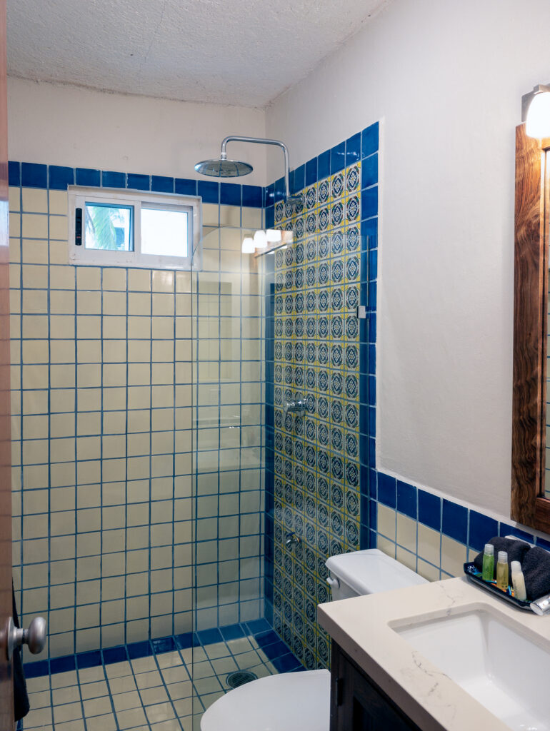 Blue-and-white tiled shower beside a toilet and bathroom sink.