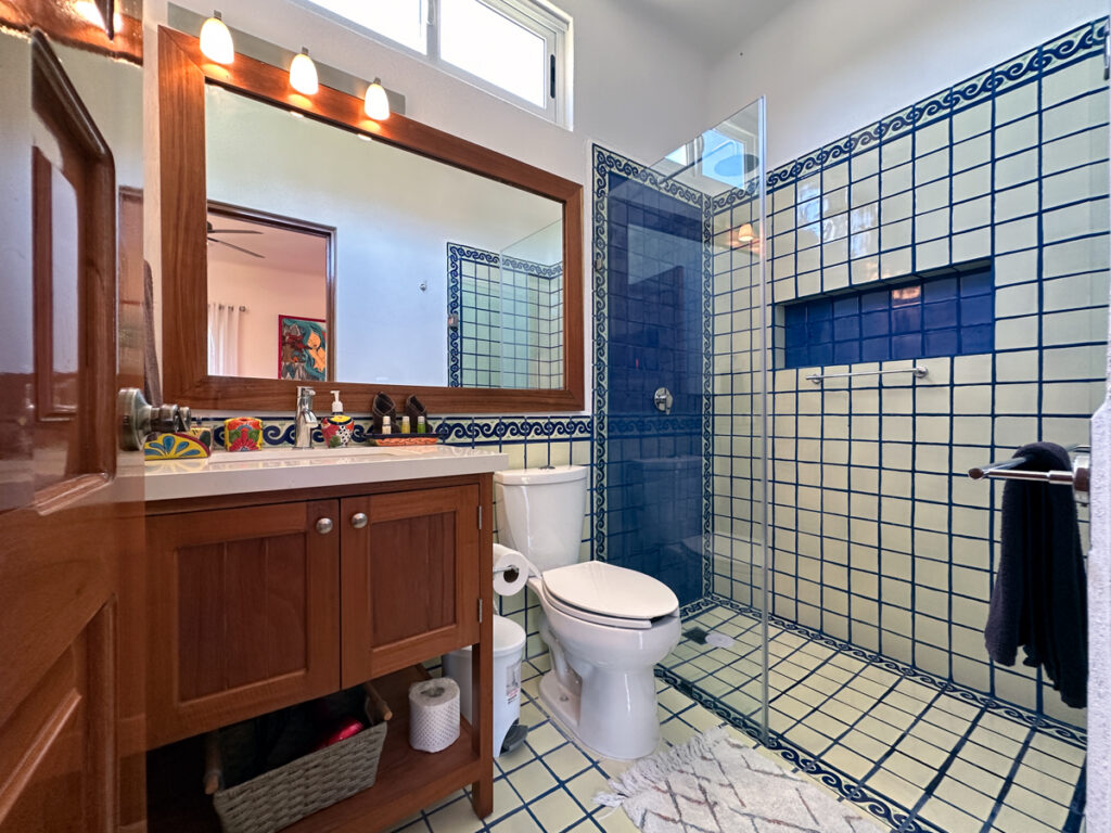 Wooden vanity, large mirror, toilet, and shower with blue-and-white tiles.