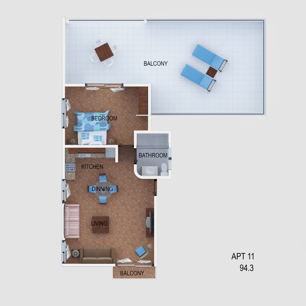 Floor plan of Apartment 11 showing the bedroom, bathroom, kitchen, living area, and balconies.