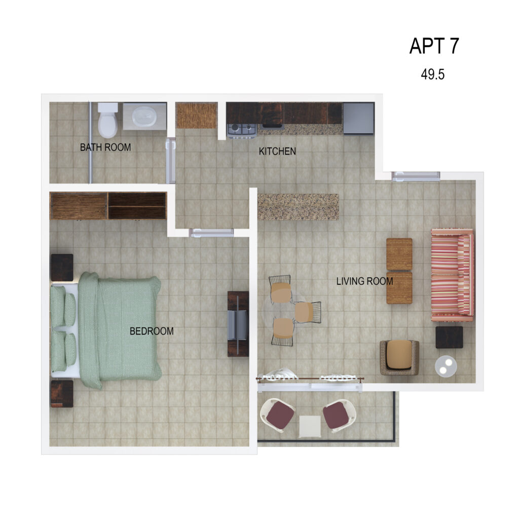 Floor plan of Apartment 7 showing a separate bedroom, bathroom, kitchen, living room, and balcony.