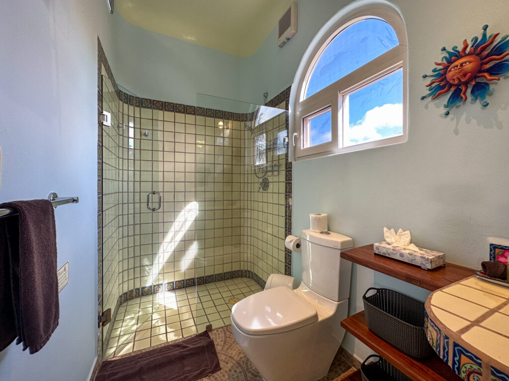Tiled shower and toilet beneath an arched window beside a colorful sun wall ornament.