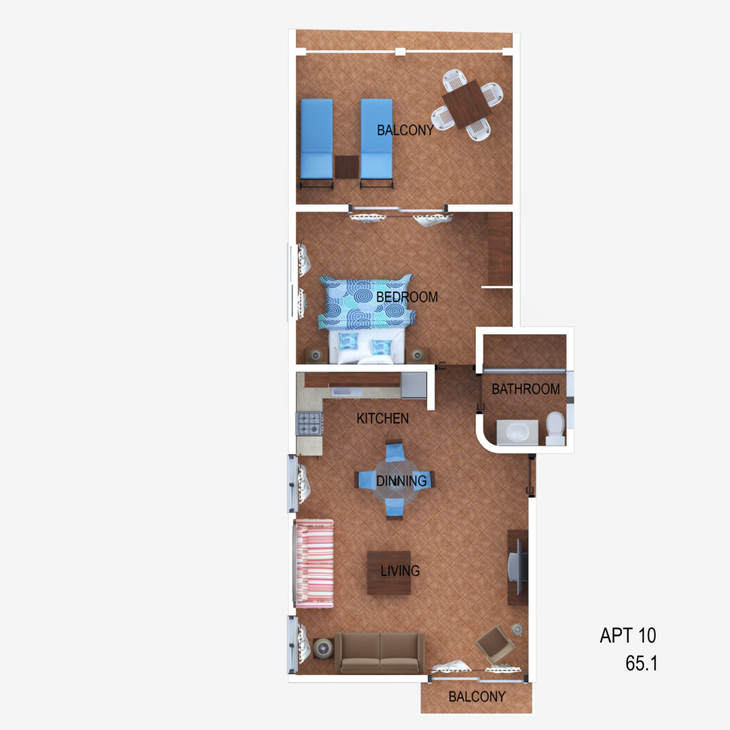 Floor plan of Apartment 10 showing the bedroom, bathroom, kitchen, living area, and two balconies.