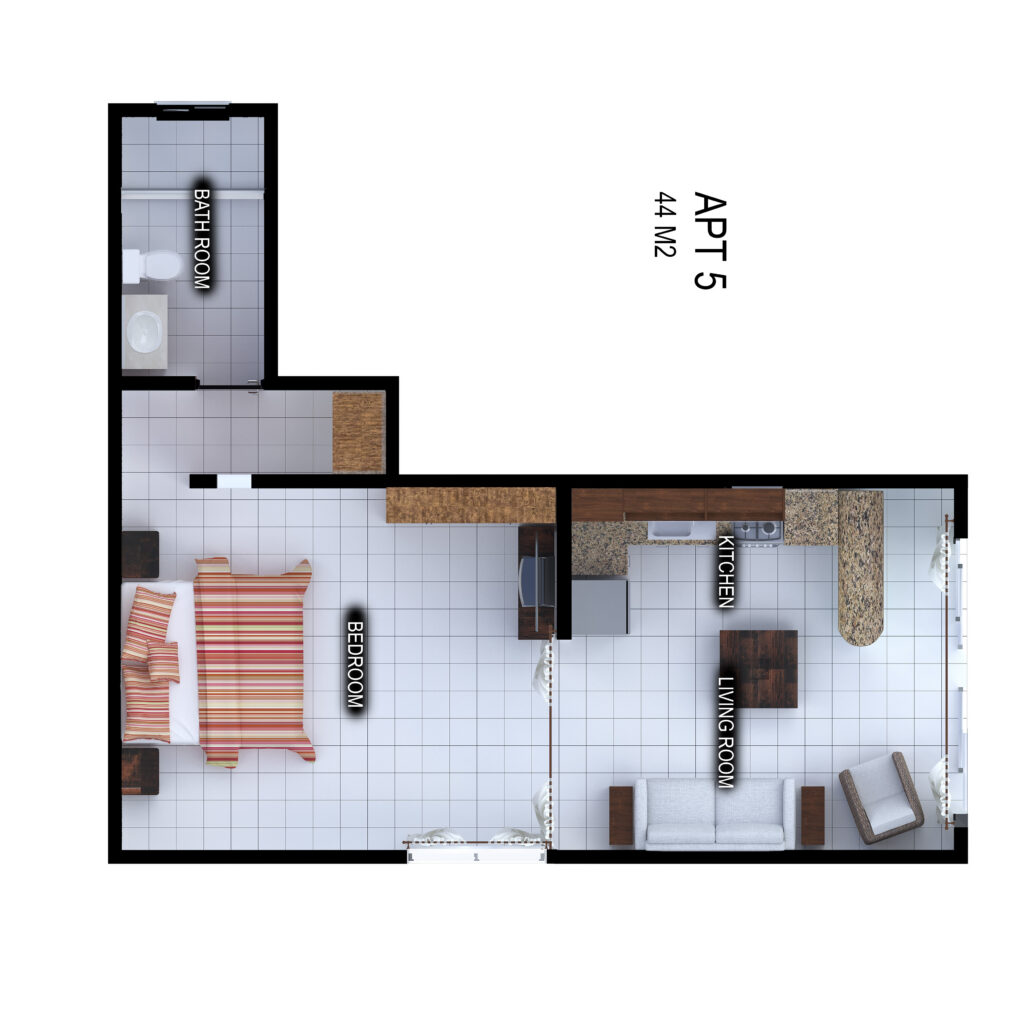 Floor plan of Apartment 5 showing the sleeping area, kitchen, seating area, and bathroom.