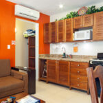 Open kitchen and living area with sleeper sofa in Abbey del Sol Apartment #8