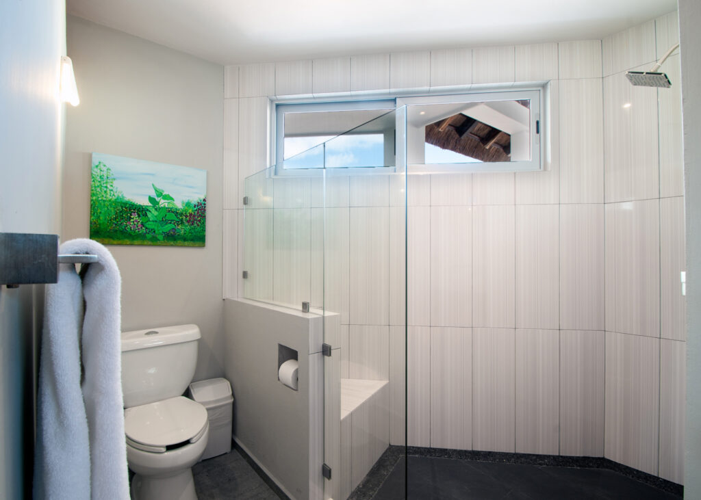 Toilet and shower separated by a low partition in a white-tiled bathroom with a high window.