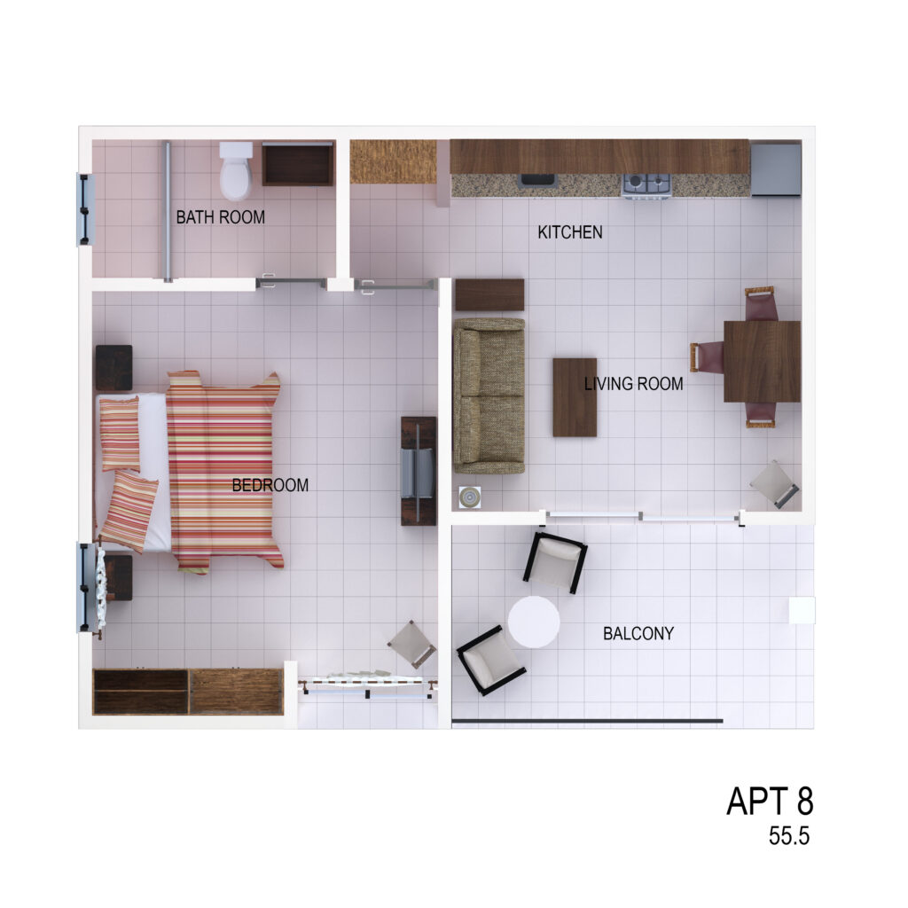 Floor plan of Apartment 8 showing the bedroom, bathroom, kitchen, living room, and balcony.