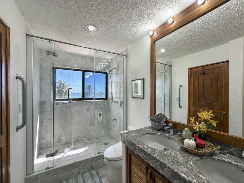 Glass-enclosed tiled shower beside a gray stone vanity and mirror.