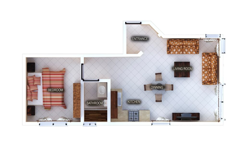 Floor plan of Apartment 9 showing the bedroom, bathroom, kitchen, dining area, and living room.
