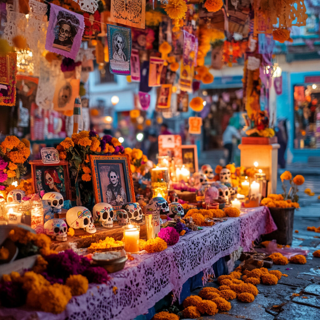 Candlelit altar with marigolds and decorated skulls for Día de Muertos season