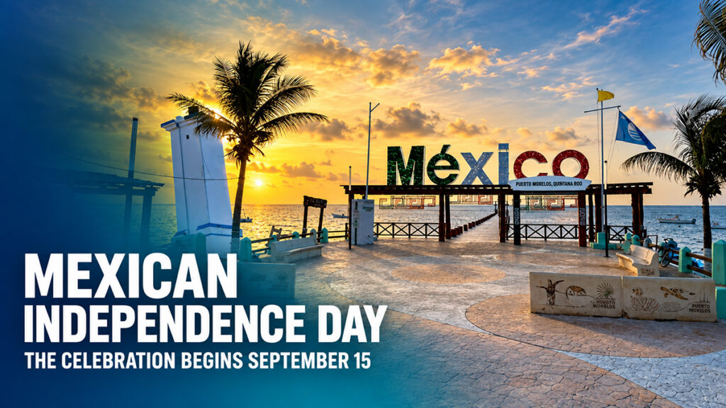 Puerto Morelos Malecón at sunset with the headline Mexican Independence Day—The Celebration Begins September 15
