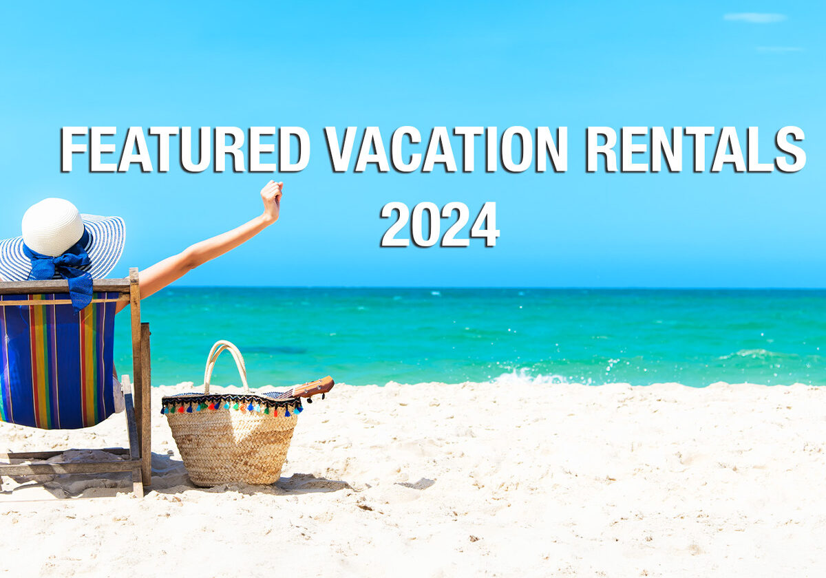 Featured Vacation Rentals of 2024 banner with beach chair, basket, and turquoise Caribbean water