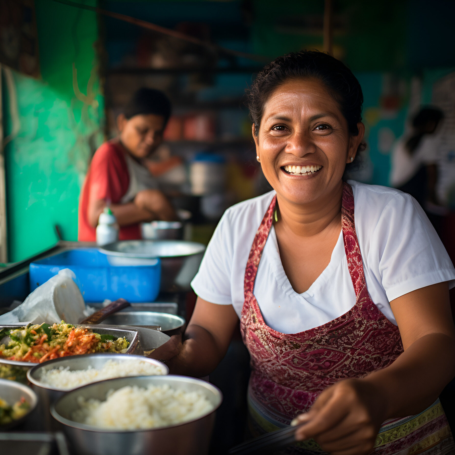 An hispanic happy and smiling woman making different Mexican street food on a selling market